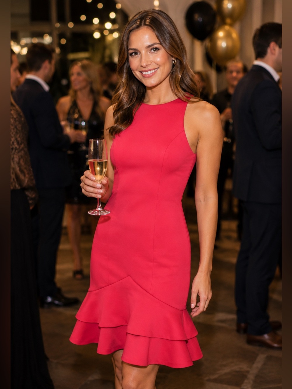 Badgley Mischka Pink Sleeveless Ruffle-Hem Midi Dress